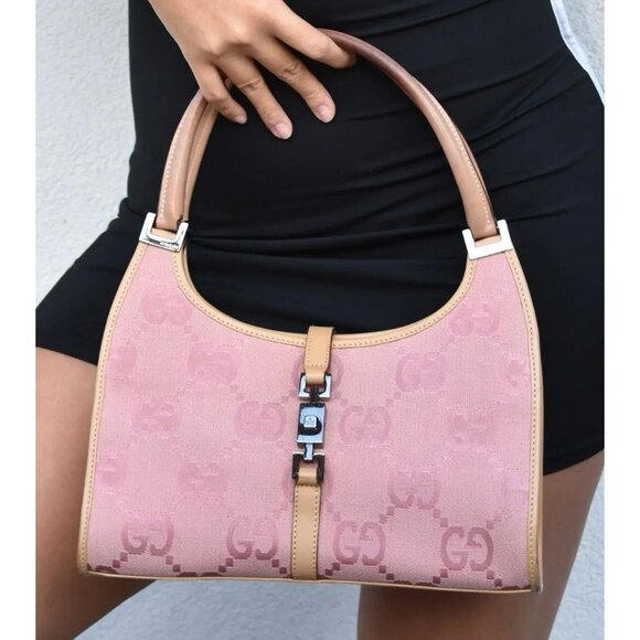 Authentic GUCCI GG Jackie O Hobo Pink Shoulder Bag Sherry Monogram Web Leather - Picture 1 of 14